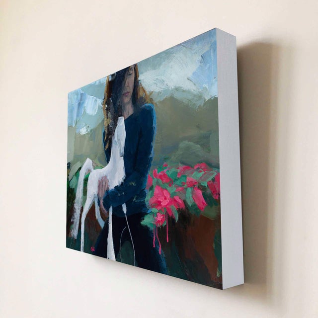 Contemporary Rain King by Shelli Langdale | Oil on gallery panel Woman holding a white horse figurine among flowers. For Sale - Image 3 of 5