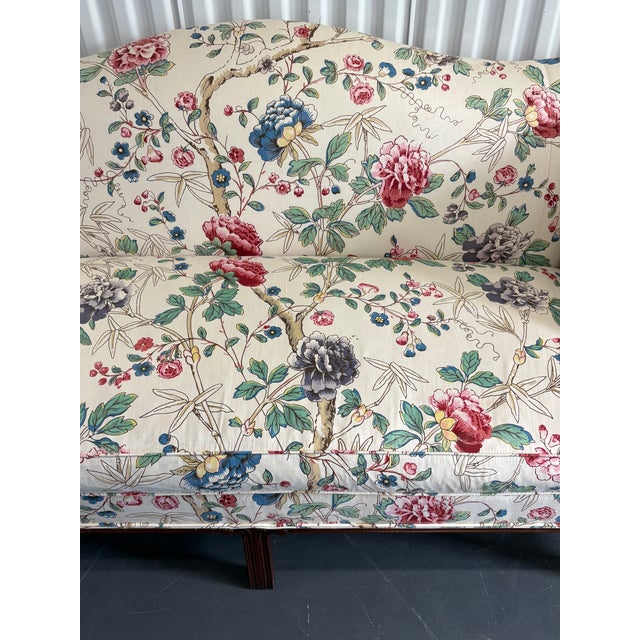 Vintage Hickory Chair Chinese Chippendale Floral Upholsterered Camelback Sofas in Lee Jofa Fabric - A Pair For Sale - Image 9 of 12