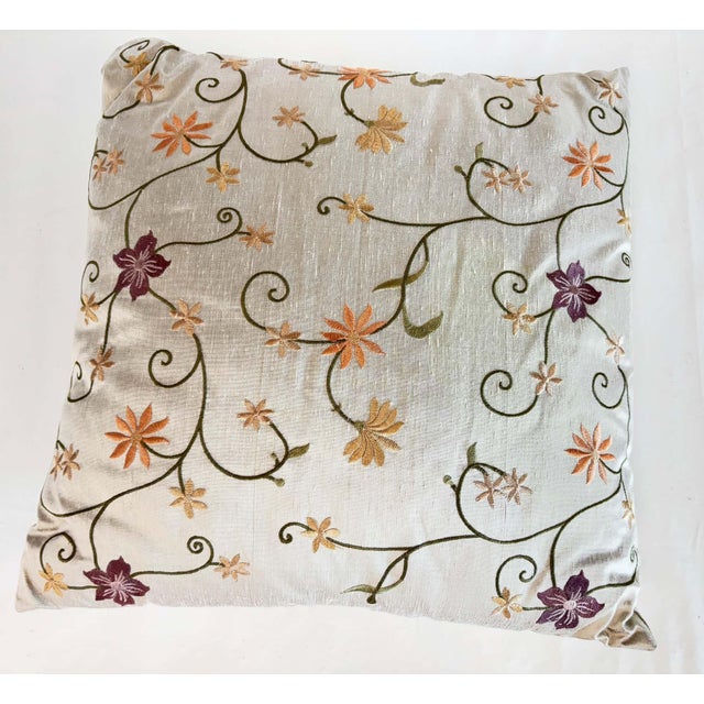 Textile Brown and Beige Floral Embroidered Cushion, Hand-Crafted Fabric, India For Sale - Image 7 of 10