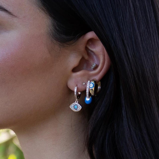 Blue Evil Eye Gold & Diamond Trio Hoop Earring Set, 3 Pieces For Sale - Image 4 of 8