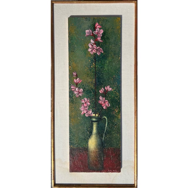 Surrealism Pierre Henry, French Surrealism Oil Painting Pierre Henry Surrealist Color Flowers in Vase, 1966 For Sale - Image 3 of 12