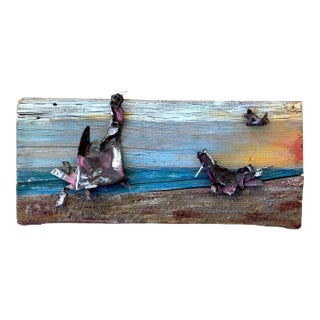 Vintage Folk Art Mixed Media Painting Metal on Wood Beach Waterscape For Sale