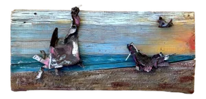 Vintage Folk Art Mixed Media Painting Metal on Wood Beach Waterscape