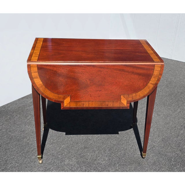 Wood Vintage Baker Furniture Pembroke Drop Leaf Side Table Inlay Design One Drawer #2 For Sale - Image 7 of 17