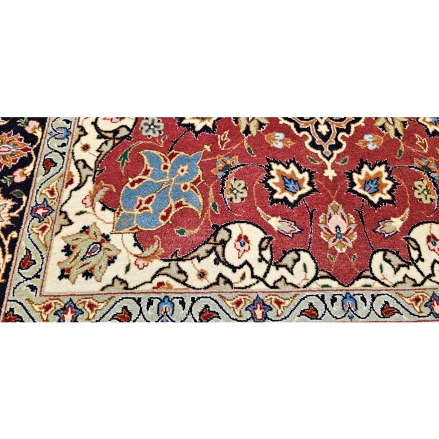 Vintage Persian Tabriz Area Rug, Hand-Knotted Wool & Silk, Floral Pattern, Pomegranate-Red & Navy, 3x5 For Sale - Image 18 of 18