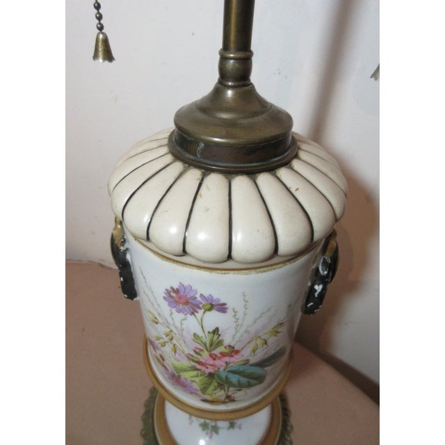 Rare Antique 1800's Hand Painted Pottery Brass Porcelain Electrified Oil Lamp For Sale - Image 11 of 11