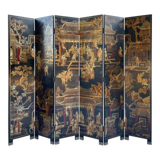 Vintage Asian 6 Panel Double Sided Folding Floor Screen For Sale