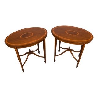 Early 20th Century Pair Edwardian-Style Mahogany and Satinwood Inlaid Oval Occasional Tables For Sale