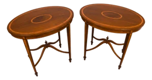 Early 20th Century Pair Edwardian-Style Mahogany and Satinwood Inlaid Oval Occasional Tables