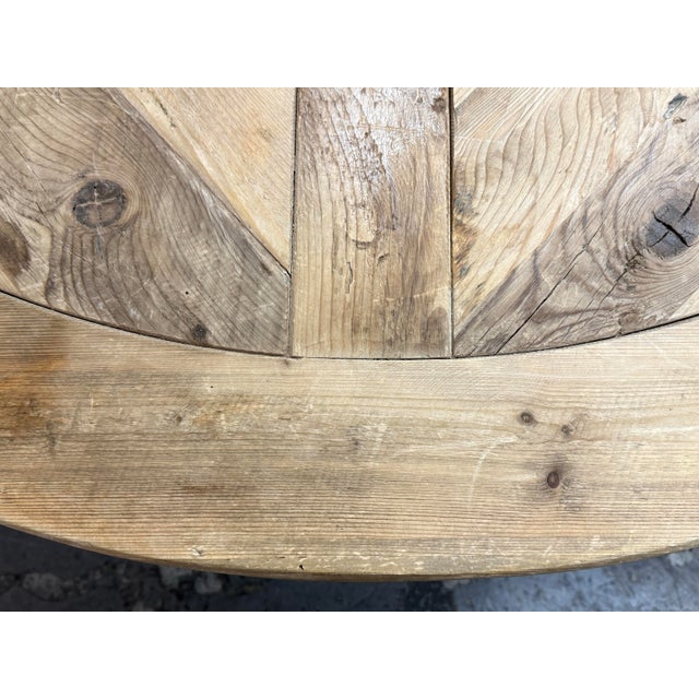 Wood Timothy Oulton for Restoration Hardware Salvaged Wood Trestle Round Dining Table, Diam. 60.5 Inches For Sale - Image 7 of 12