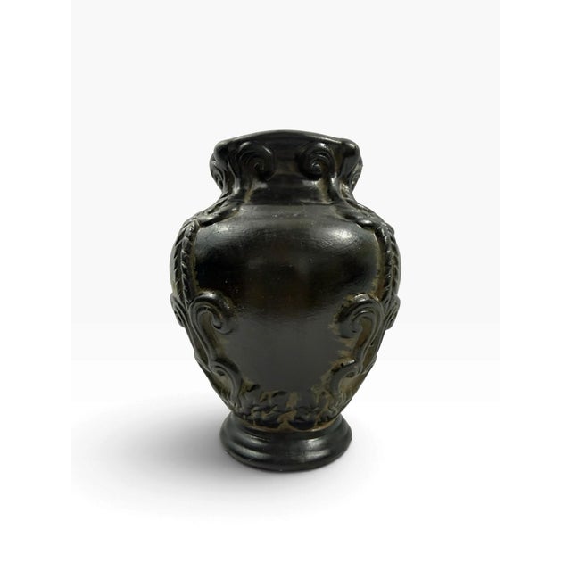 Late 20th Century Late 20th Century Black Relief Urn Vase Classical Scroll and Leaf Design Footed For Sale - Image 5 of 7