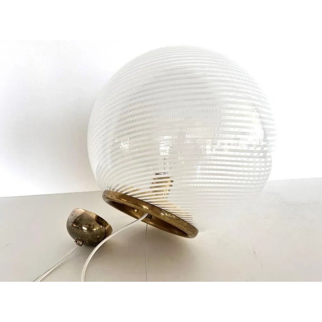 Venini Italian Murano Glass & Brass Globe Ceiling Light with White Stripe Design from Venini, 1970s For Sale - Image 4 of 10