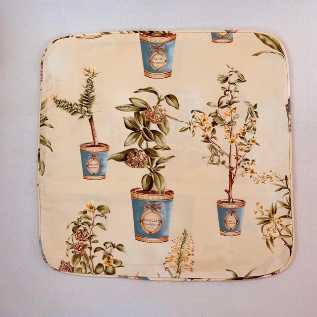 English Hand-Printed European Fabricut Vervain Botanique Green Rusty-Red Turquoise Yellow Botanical Potted Floral Pillow Covers- 20" Pair For Sale - Image 3 of 7