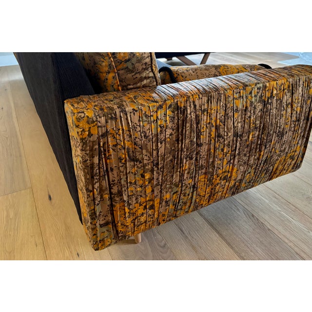 Wood 1960's MCM 2-Piece Sectional Sofa Reupholstered in a Luxuriously Soft Black Chenille and a Burnt Orange/Tan/Brown Paisley Cotton Fabric For Sale - Image 7 of 12