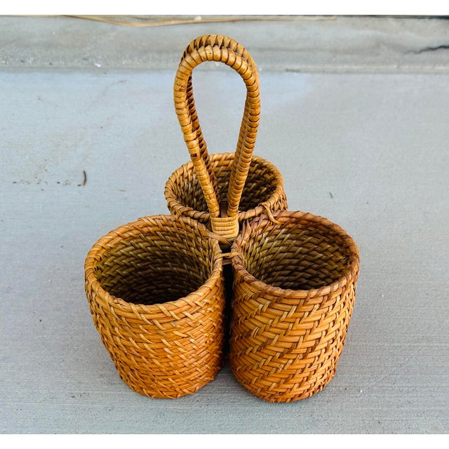 Farmhouse Vintage Woven Rattan 3 Slot Utensil Holder For Sale - Image 3 of 5