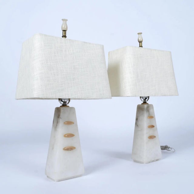 Stone Pair of Alabaster White and Beige Pyramid Modern Art Deco Table Lamps For Sale - Image 7 of 12