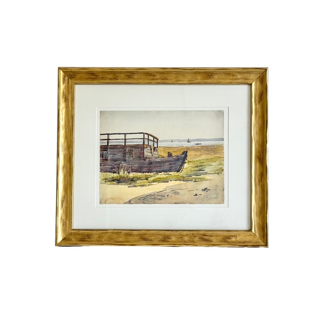 This original mediterranean coastal watercolor on paper is newly framed floated on a double matte and framed in a gilt...