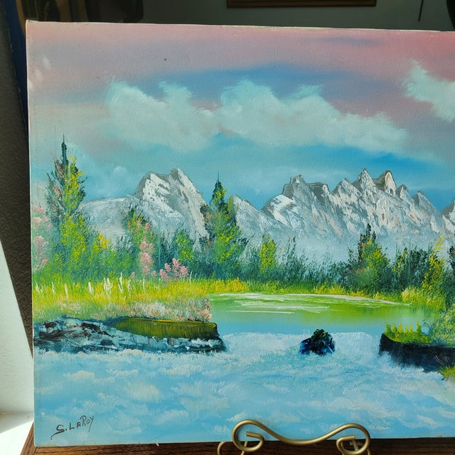 Traditional 1970s S. LeRoy Original Oil on Canvas River Landscape Painting Signed Unframed Trees For Sale - Image 3 of 18