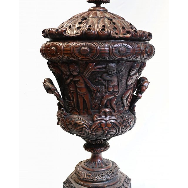 Brown Italian Monumental Carved Urns, Set of 2 For Sale - Image 8 of 15
