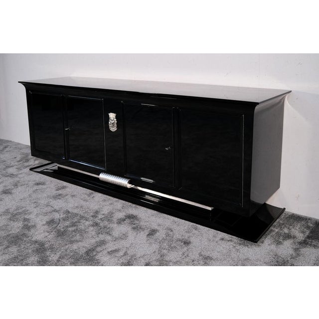 Art Deco High-Gloss Black Lacquered Sideboard with Stylized Woman's Head Emblem, 1930s For Sale - Image 9 of 11