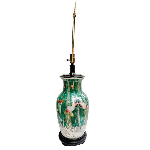 Mid 20th Century Vintage Chinese Famille Verte Bok Choy Table Lamp With Longevity Finial For Sale - Image 5 of 10