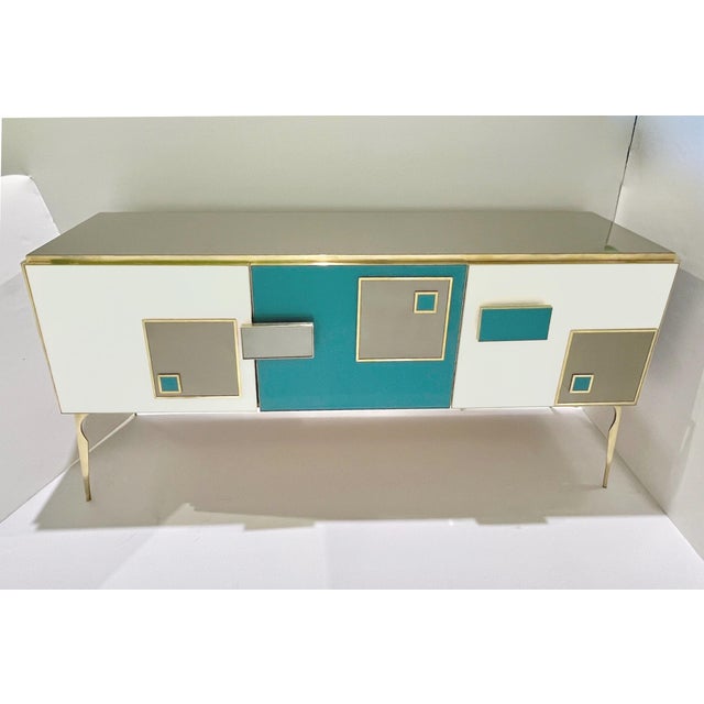 Modern Italian Ivory Gray Teal Blue Geometric Postmodern Brass Cabinet Sideboard For Sale - Image 9 of 11