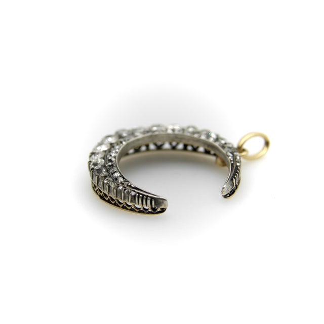 Mid 19th Century Early Victorian Silver Front 14k Gold Back Old Mine Cut Diamond Crescent Moon Pendant For Sale In Los Angeles - Image 6 of 11