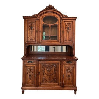 Antique French Carved Walnut Buffet a Deux Corps With Rouge Marble Top For Sale