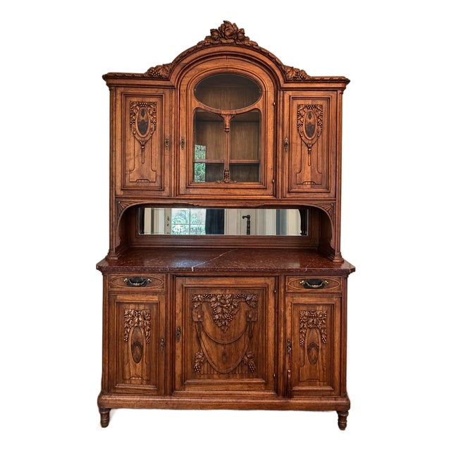 Antique French Carved Walnut Buffet a Deux Corps With Rouge Marble Top For Sale