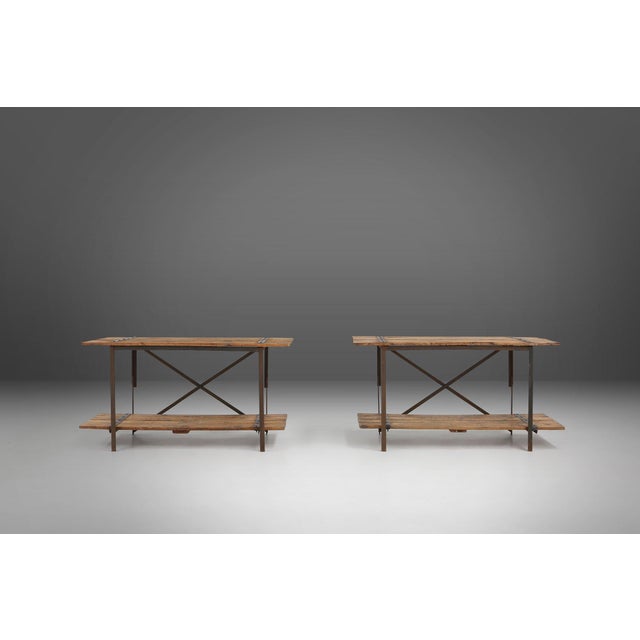Belgium / 1920 / 2 side tables / wood and metal / industrial Two sturdy industrial side or work tables with tough metal...