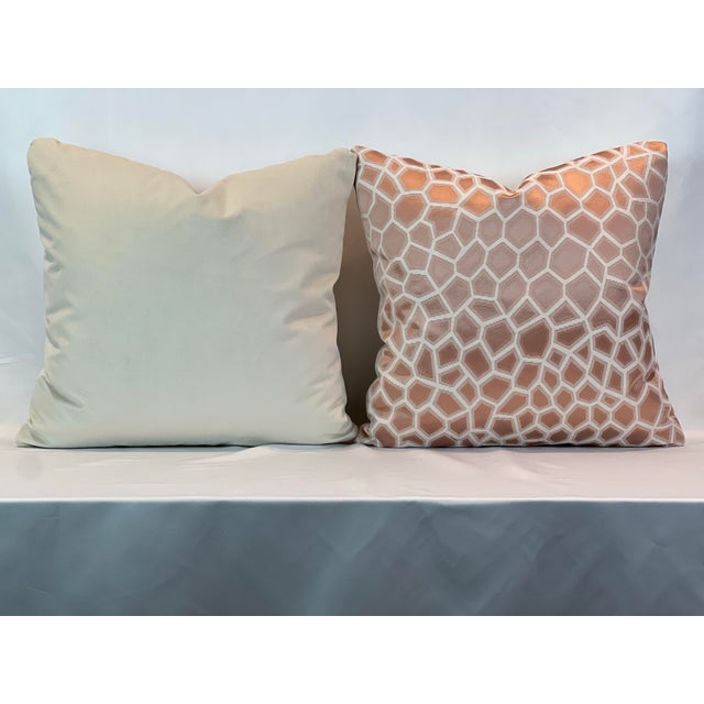 Handcrafted custom-tailored 20” feather/down pillows in pale rose/pink geometric fabric. Back is in coordinating cream...