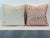 Handcrafted custom-tailored 20” feather/down pillows in pale rose/pink geometric fabric. Back is in coordinating cream...