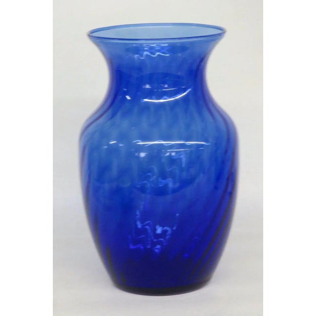 Mid-Century Modern Indiana Glass Style Cobalt Blue Optic Swirl Hand Blown Vase For Sale - Image 3 of 12