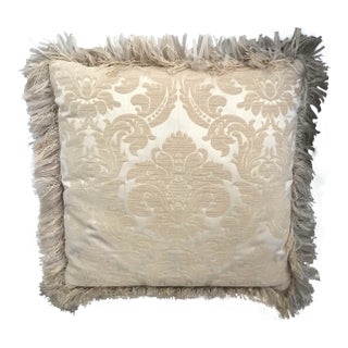 22" Gold and Cream Brocade Decorative Pillow With Ribbon Fringe For Sale