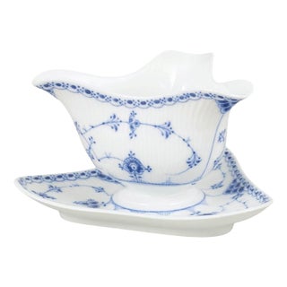 Blue Fluted Half Lace Tricorn Sauce Boat from Royal Copenhagen, 1920s For Sale