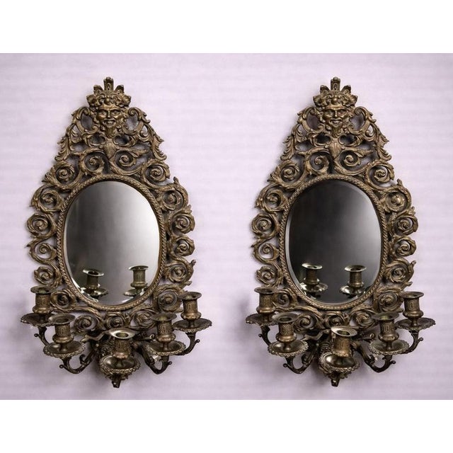 Antique Baroque Style Bronze Wall Mirrors with Integrated Candleholders, Set of 2 For Sale - Image 6 of 6
