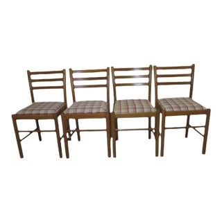1970s Wood Side Chairs Upholstered Seat Denmark Style Plaid- Set of 4 For Sale