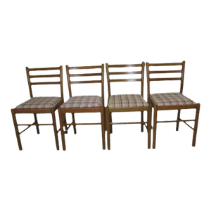 1970s Wood Side Chairs Upholstered Seat Denmark Style Plaid- Set of 4