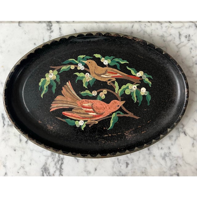 Black Vintage metal tray with Handpainted peach and tan birds, juniper berries and leaves.