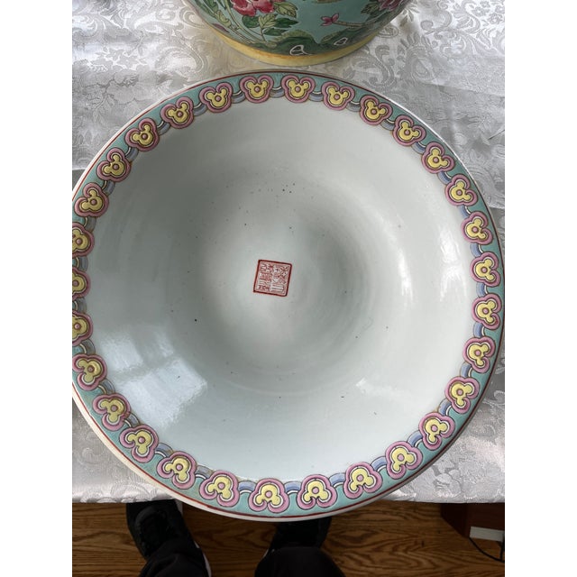 Pair Large 13" Chinese Famille Jaune Phoenix Porcelain Planters & Trays-Heavy For Sale - Image 9 of 11