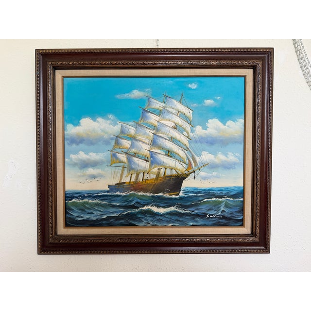 2000 - 2009 Original Signed Oil Painting Sailing Ship at Sea Maritime Seascape Framed For Sale - Image 5 of 12