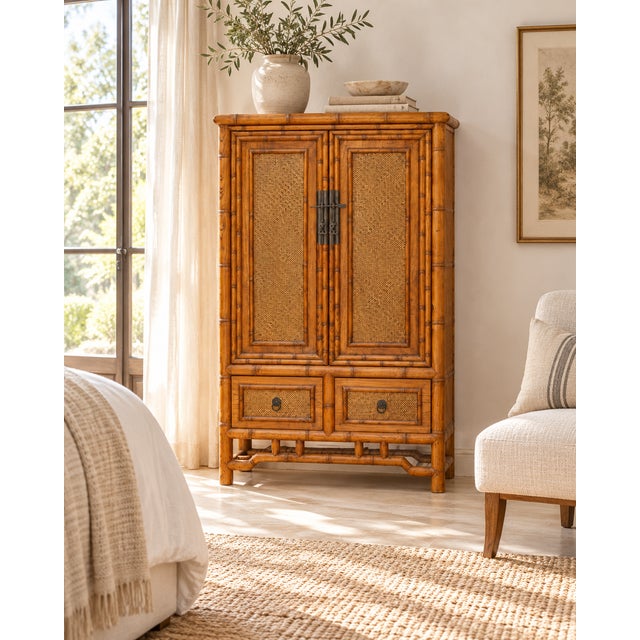 A tall, slim cabinet in honey-amber wood, dressed throughout in the look of bamboo: the frame, rails and legs are turned...
