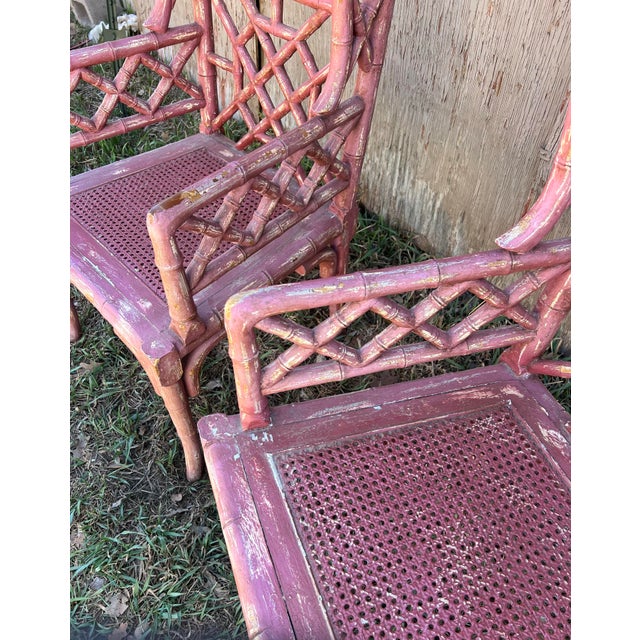 Brick Red Chinoiserie Faux Bamboo Wingback Chairs Guildmaster Distressed Red Double Rattan Seat - Set of 2 For Sale - Image 8 of 12