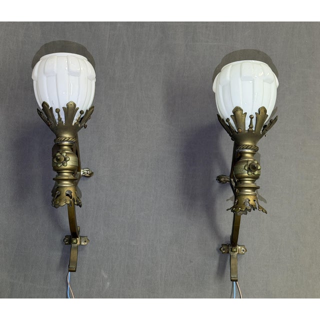 Gold Art Deco Bronze Wall Sconces with Tulip Shades and Dragons, 1890s, Set of 2 For Sale - Image 8 of 11