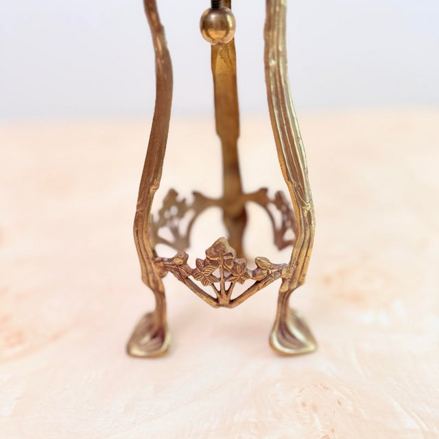 Antique Art Nouveau Brass Tripod Hurricane Candleholder With Etched Glass Shade — Ginkgo & Calla Lily Motif, Circa 1900–1910 For Sale - Image 11 of 12