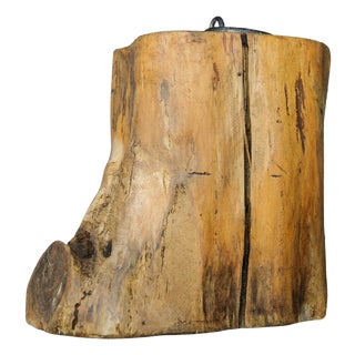Rustic Hand-Carved Wooden Organic Tree Stump Door Stop with Iron Handle Top For Sale