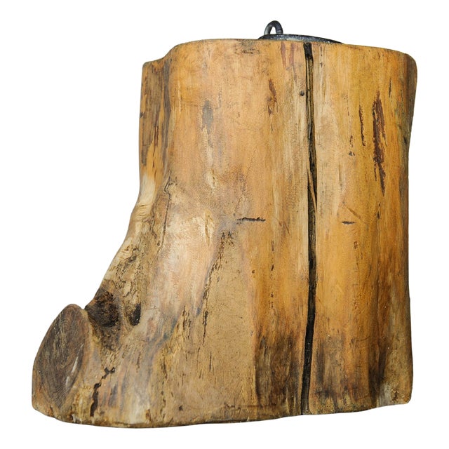 Rustic Hand-Carved Wooden Organic Tree Stump Door Stop with Iron Handle Top For Sale