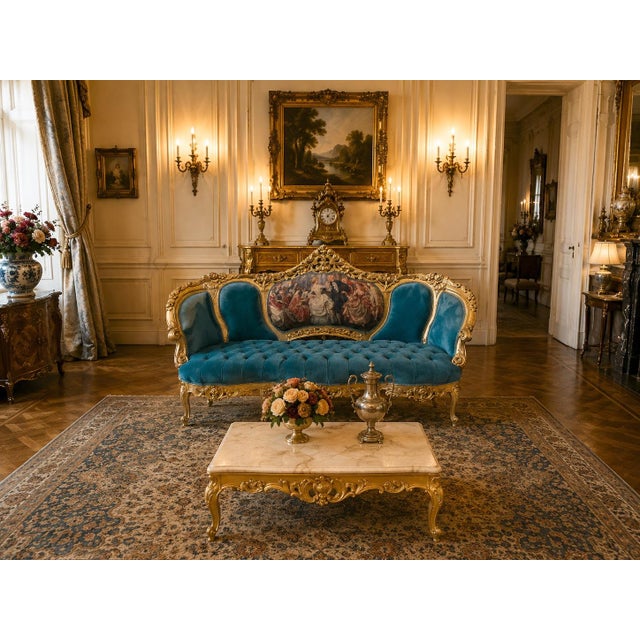 1900 - 1909 1900s French Louis XVI Blue/Green/Teal Velvet Sofa Set-5 Pc For Sale - Image 5 of 18