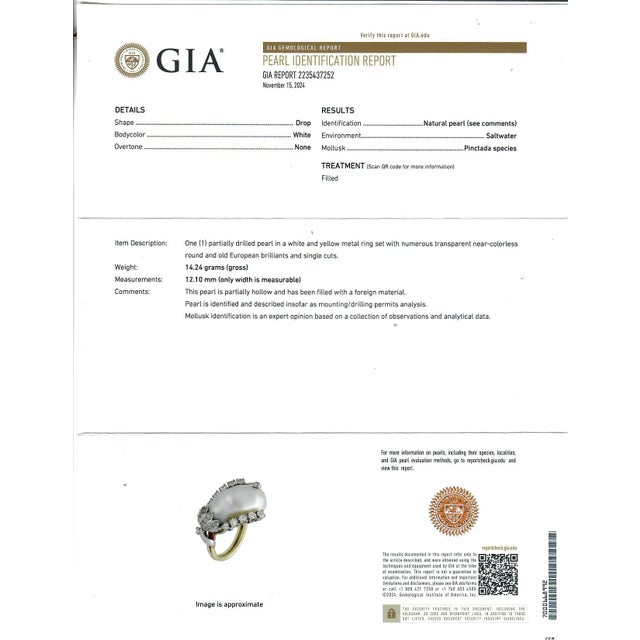 Mid 20th Century 18k Yellow Gold and White Gold Gia Certified Natural Pearl Diamond Ring, Size 6.5 For Sale In New York - Image 6 of 11
