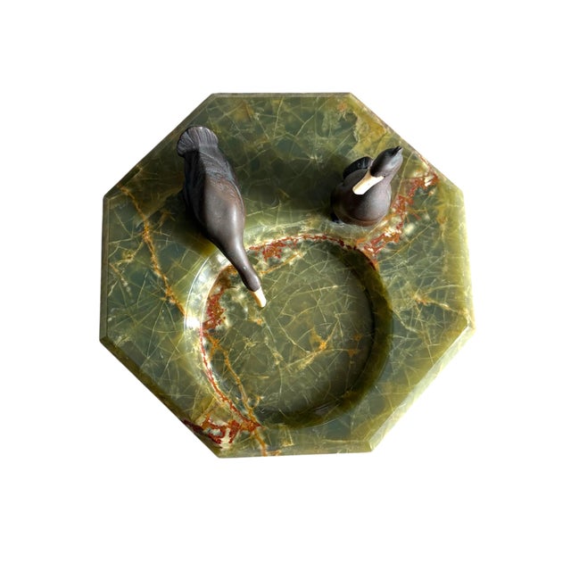 Art Deco Style Green Onyx & Bronze Duck Vide-Poche, Mid-Century European Catchall For Sale In Los Angeles - Image 6 of 8